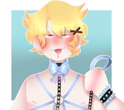 blonde_hair blush bondage bracelet choker collar femboy harness kim_yoosung leash male male_only mystic_messenger short_hair solo_male tongue tongue_out yoosung_kim