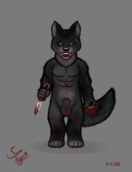 absurd_res animal_genitalia balls black_body black_fur blood bloody_wolf bodily_fluids canid canine canis domestic_dog fur genitals hi_res knife male male_only mammal nude samuel_pejack wolf