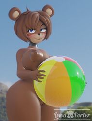 3d beach bear bear_ears big_breasts blue_eyes blush breasts brown_hair day female five_nights_at_freddy's five_nights_in_anime freckles freddy_(fnaf) huge_breasts lewdporter naked pussy summer