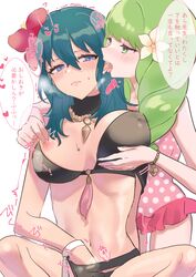 2girls absurdres bikini biting black_bikini blue_eyes blue_hair byleth_(fire_emblem) byleth_(fire_emblem)_(female) byleth_(fire_emblem)_(female)_(summer) ear_biting female female_only fire_emblem fire_emblem:_three_houses fire_emblem_heroes flayn_(fire_emblem) flower green_eyes green_hair hair_flower hair_ornament highres long_hair multiple_girls nintendo nipple_tweak nipples one-piece_swimsuit sakuramotikun simple_background swimsuit white_background yuri