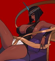 1girls big_breasts blue_eyes bob_cut breasts dark-skinned_female dark_skin egyptian eliza_(skullgirls) ennuigrl female female_only huge_breasts large_breasts lipstick makeup seductive_smile short_hair skullgirls smile solo solo_female thick thick_legs thighs vambraces