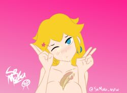 1boy 1girls big_breasts blonde_hair blue_eyes breasts cum cum_in_mouth cum_on_breasts double_v female female_focus head_tilt male mario_(series) nintendo nude one_eye_closed paizuri penis pink_background princess_peach simple_background srmoka tagme titjob wink