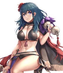 1girls abs big_breasts bikini bikini_top black_bikini_top black_swimsuit blue_eyes byleth_(fire_emblem) byleth_(fire_emblem)_(female) byleth_(fire_emblem)_(female)_(summer) cape cleavage female female_only fire_emblem fire_emblem:_three_houses fire_emblem_heroes flower flower_in_hair gonzarez gonzarez1938 large_breasts nintendo solo swimsuit teal_hair