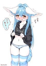 anthro black_clothing black_hoodie black_topwear blue_body blue_clothing blue_fur blue_hair blue_legwear blue_panties blue_striped_panties blue_tail blue_underwear blush bodily_fluids canid canine clothing clothing_lift female fur hair hi_res holding_clothing hoodie hoodie_lift kemono legwear mammal multicolored_clothing multicolored_legwear multicolored_panties multicolored_underwear open_mouth panties pattern_clothing pattern_legwear pattern_underwear presenting shimapan simple_background solo speech_bubble striped_clothing striped_legwear striped_panties striped_thighhighs striped_underwear stripes tears teeth text thighhighs tongue topwear translation_request two_tone_clothing two_tone_legwear two_tone_panties two_tone_underwear underwear white_background white_body white_ears white_fur wolfox wolfox004 young