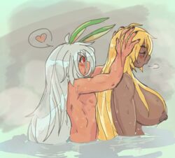 blonde_hair blush breasts bunny_ears dark_skin female heart kirbila_(yellow_kirby) lake large_breasts long_hair male nude red_eyes topless washing_hair water wet white_hair yellow_kirby