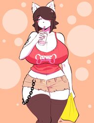 anthro breasts clothed ear_piercing female female_only furry huge_breasts leggings maggie_applebee red_shirt solo tagme tattoo theycallhimcake thick_thighs