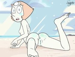 1girls accurate_art_style anus ass backboob beach blush blushing breasts embarrassed embarrassed_nude_female feet female_only nipples pearl_(steven_universe) pussy red_hair saifernsfw slap_mark small_breasts steven_universe