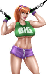 1girls amazon big_breasts busty caitlin_fairchild dc_comics female female_only gan_(artist) gen¹³ green_eyes huge_breasts image_comics large_breasts midriff muscular muscular_female ponytail red_hair shorts solo toned underboob voluptuous weightlifting wildstorm