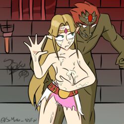 after_rape bad_censor blonde_hair blue_eyes breasts bukkake censored covered_nipples covering cum_on_body cum_on_breasts cum_on_face dark_skin elf female ganondorf jail male nintendo pointy_chin princess_zelda rape size_difference srmoka the_legend_of_zelda zelda_(a_link_between_worlds)