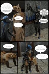 2:3 3d_(artwork) all_fours anamosus anthro asinus ball_squeeze black_border border chastity_cage chastity_device comic dildo donkey english_text equid equine female gnoll hi_res hyaenid male mammal muzzle_(object) sex_toy straight text