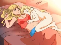 2girls age_progression animated bimbo bimbofication blonde_hair breast_expansion breasts cleavage female female_only humanized medium_breasts midriff multiple_girls rikeza sleeping small_breasts transformation