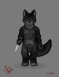 absurd_res animal_genitalia balls black_body black_fur blood bloody_wolf bodily_fluids canid canine canis domestic_dog fur genitals hi_res knife male male_only mammal nude penis samuel_pejack wolf