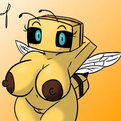 1:1 antennae bee bee_(minecraft) blue_eyes blush breasts eye_moisturizer female looking_at_viewer minecraft pussy simple_background stinger wings