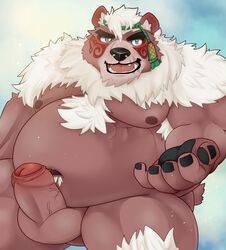 2020 absurd_res anthro balls belly brown_body brown_fur erection fur genitals hi_res kemono kimun_kamui_(tokyo_afterschool_summoners) male male_only mammal moobs navel nipples overweight overweight_male penis solo tokyo_afterschool_summoners udontarai ursid video_games