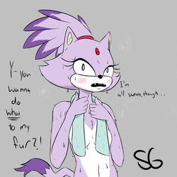 after_shower after_workout anthro blaze_the_cat cat_ears cat_tail feline purple_fur scribblygumbo sega sonic_(series) sweating sweaty towel towel_on_shoulders white_fur