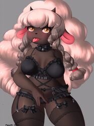 1girls anthro anthrofied black_body black_lingerie bra breasts cervine female female_only garter_belt garter_straps horns lingerie macaronneko nintendo pokémon_(species) pokemon pokemon_(species) pokemon_ss sheep simple_background solo stockings thighhighs tongue tongue_out welsh_man_dream wool wool_(fur) wooloo