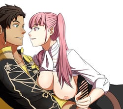 black_hair breasts_on_chest cape claude_von_riegan dark-skinned_male fire_emblem fire_emblem:_three_houses fire_emblem_heroes green_eyes half-dressed handjob hilda_valentine_goneril interracial jellycat large_breasts looking_at_another male nipples pants_down penis pink_eyes pink_hair pointless_censoring pubic_hair school_uniform smug twintails