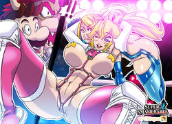 2boys 2girls adapted_costume alternate_costume big_ass big_breasts big_butt blonde_hair blue_eyes bowser breasts busty catfight crossover elchingue female female_focus huge_breasts long_hair looking_at_another male mario mario_(series) metroid multiple_boys multiple_girls nintendo pasties ponytail princess_peach pussy samus_aran spread_legs super_smash_bros. thick_thighs tied_hair wrestling wrestling_outfit wrestling_ring