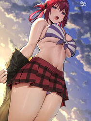 big_breasts bikini bikini_under_clothes fang fully_clothed gabriel_dropout kurumizawa_satanichia_mcdowell looking_at_viewer looking_down navel oekakizuki pantyshot skirt striped striped_bikini sweat swimsuit undressing