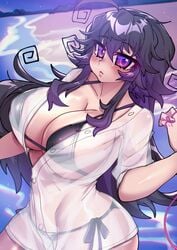 ahoge bikini bikini_under_clothes blush breasts button-up clothed clothing crawling_dreams curvy dark_hair female female_only huge_breasts human looking_at_viewer nyarla_(crawling_dreams) osiimi purple_eyes side-tie_bikini solo unbuttoned unbuttoned_shirt wet_clothes