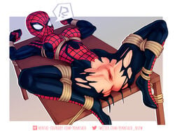 1girls ass bondage breasts clothing digital_media_(artwork) erect_nipples female female_only legs marvel marvel_comics mayday_parker nipple_bulge no_panties on_back pinktaco pussy restrained rope simple_background spider-girl spider-man_(series) spread_legs torn_bodysuit torn_clothes torn_clothing uncensored vagina