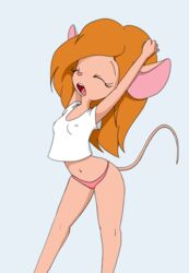 anthro big_head blue_eyes breasts chip_'n_dale_rescue_rangers disney female female_only gadget_hackwrench itsjustflesh mouse nipples_visible_through_clothing panties pink_panties red_hair small_breasts solo standing t-shirt toony yawning