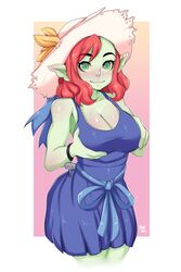 1girls 5-ish anart_(cliffpadfoot) blue_dress blush blushing cupping_breasts dress eyebrows_visible_through_hair female female_only fiveish freckles freckles_on_chest fully_clothed goblin goblin_female green-skinned_female green_skin original red_hair solo sunhat tagme