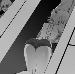 1boy 2girls absurdres ahoge bare_back blowjob braid caught chaldea_uniform coat contemporary denim denim_shorts dutch_angle fate/apocrypha fate/grand_order fate_(series) fellatio from_below fur-trimmed_coat fur_trim greyscale hand_on_another's_head highres hxd implied_fellatio jeanne_alter jeanne_d'arc_(alter)_(fate) jeanne_d'arc_(fate) jeanne_d'arc_(fate)_(all) kneeling long_braid long_hair looking_at_another monochrome multiple_girls open_mouth oral out_of_frame shaded_face shorts single_braid straight thighs very_long_hair wavy_mouth wicked_dragon_witch_ver._shinjuku_1999