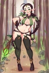 5-ish black_hair boots braided_hair elf_ears elf_female fiveish green_eyes looking_at_viewer magic_the_gathering nissa_revane pointy_ears tagme thighhighs