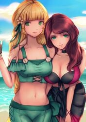 2girls blonde_hair blue_eyes brown_hair dorothea_arnault dorothea_arnault_(summer) female_only fire_emblem fire_emblem:_three_houses fire_emblem_heroes green_eyes ingrid_brandl_galatea ingrid_brandl_galatea_(summer) jtaka large_breasts long_hair multiple_girls nintendo swimsuit