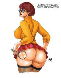 1girls ass back_view big_ass big_breasts big_butt bimbo bottomless brown_hair bubble_butt busty chris_foulkes dat_ass earrings eyewear female female_focus female_only freckles glasses going_commando hanna-barbera hourglass_figure large_ass large_breasts lipstick long_fingernails magnifying_glass makeup microskirt miniskirt nail_polish no_panties pinup pose posing rear_view scooby-doo short_hair sideboob skirt solo standing stockings straight_hair teenager text thick_thighs turtleneck turtleneck_sweater upskirt velma_dinkley white_background wide_hips