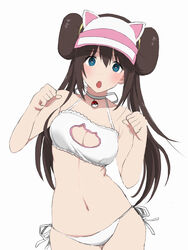 1girls :o bikini_bottom blue_eyes blush breast brown_hair cat_ears double_bun eye_contact female hat human long_hair looking_at_viewer nintendo nishikino_kee pale-skinned_female pale_skin paw_pose pokemon pokemon_bw2 rosa_(pokemon) twintails white_background