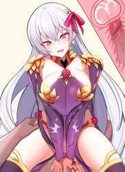 1boy absurdres armlet armor bangs bikini_armor blush bracelet breasts clothed_female_nude_male clothed_sex collar cowgirl_position cross_section cum cum_in_pussy cum_in_uterus cum_inside dark-skinned_male detached_sleeves dress earrings ejaculation fate/grand_order fate_(series) female hair_ribbon heart heart-shaped_pupils highres internal_cumshot jewelry kama_(fate/grand_order) large_breasts long_hair looking_at_viewer metal_collar nude open_mouth pelvic_curtain penis purple_dress purple_legwear purple_sleeves red_eyes ribbon ring rur4885 sex sideboob silver_hair spread_legs straddling straight symbol-shaped_pupils tears thighhighs thighlet thighs vaginal_penetration wavy_mouth