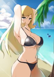 2020 2girls armpits arms_behind_head arms_up beach bikini black_bikini blonde_hair breasts cleavage cloud cynthia_(pokemon) female female_only garchomp grey_eyes hairclip highres human human_only large_breasts long_hair looking_at_viewer mituyota_76 multiple_girls navel nintendo ocean palm_tree pokémon_(species) pokemon pokemon_(species) pokemon_dppt sky sweat swimming swimsuit tail thick_thighs thighs very_long_hair water