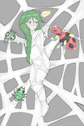 ariados bondage bound cheryl_(pokemon) cocoon cocooned female femsub gag gagged green_hair human mouth_gag mummified nintendo pokémon_(species) pokemon pokemon_dppt restrained spinarak suspension web web_bondage web_gag webbing