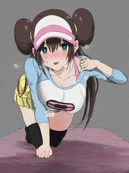 1girls big_breasts black_thighhighs blue_eyes blush bra brown_hair clothing double_bun eye_contact grey_background hat human large_breasts long_hair looking_at_viewer nintendo nishikino_kee pale-skinned_female pale_skin pokemon pokemon_bw2 rosa_(pokemon) skirt thick_thighs thighhighs thighs twintails