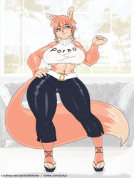 anthro anthrofied battle_franky blue_eyes blush breasts claws clothed clothing fan_character female female_only ferra_(battle_franky) fluffy fluffy_tail fox hair open_mouth orange_fur orange_hair simple_background smile solo standing tail teeth