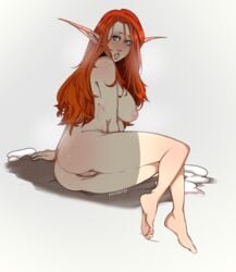 1girls backboob barefoot curled_toes elf elf_ears exposed_breasts exposed_pussy feet female inverted_nipples looking_at_viewer original_character pale-skinned_female pointy_ears pregnant psychotey red_hair thick_thighs