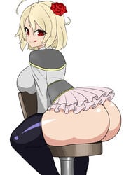 1girls ahoge antenna_hair ass blonde_hair breast_press breast_rest breast_squish breasts bubble_butt chair corset exposed_ass fat_ass flower flower_in_hair frilled_skirt hime_(suguri) huge_ass huge_breasts licking_lips light-skinned_female light_skin long_ass looking_at_viewer looking_back microskirt miniskirt orange_juice_(company) platinum_blonde_hair presenting presenting_ass red_eyes red_flower rose sitting sitting_backwards skindentation skirt smile solo stockings stool stool_position suguri_(series) thick_thighs tongue_out