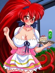 10s 1girls 3:4 akira_(viper) anna_miller bare_arms blush bow breasts cake choker cleavage clothed clothing corset drink erect_nipples erect_nipples_under_clothes eyebrows_visible_through_hair female female_only food frills fully_clothed glass hair_ribbon highres holding_tray indoors large_breasts legwear long_hair long_ponytail matching_hair/eyes nervous nipple_bulge pink_clothing plate ponytail red_eyes red_hair ribbon ribbon_choker skirt smile solo standing thick_thighs thigh_strap thighs tied_hair tray tsukigami_zukan uniform very_long_hair viper_(series) viper_v16 w_arms waitress white_clothing window