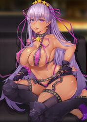 bb_(fate) bb_(swimsuit_mooncancer) black_garter_belt breasts cleavage ctrlz77 earrings erect_nipples erect_nipples_under_clothes fate/grand_order fate_(series) female garter_belt gold_trim gyaru hair_ornament hair_ribbon high_heels high_resolution jewelry kneeling large_breasts lingerie lips long_hair looking_at_viewer nail_polish navel nipples one_knee purple_eyes purple_hair purple_ribbon ribbon shoes solo star star_earrings star_hair_ornament studded_garter_belt tanned teeth thighhighs thighs toenail_polish very_long_hair