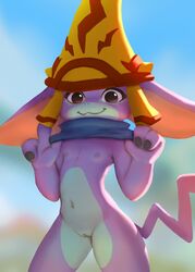 anthro big_ears breasts clothed clothing digital_media_(artwork) female flat_chested genitals gigantic_(game) goblin goblin_female headgear hi_res humanoid ihzaak looking_at_viewer mammal mozu_(gigantic) nipples purple_body pussy simple_background smile solo video_games