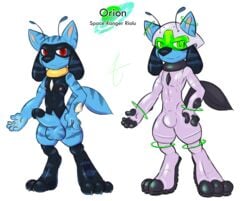 alien anthro balls barefoot bulge canid canine clothing digital_media_(artwork) erection genitals humanoid_genitalia humanoid_penis looking_at_viewer male male_only mammal nintendo nipples notfornothin nude penis pokémon_(species) pokemon riolu simple_background solo suit video_games