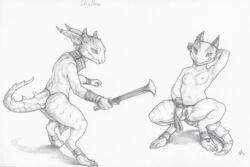 2019 anklet anthro bracelet breasts claws clothed clothing clothing_aside crestfallenartist crouching digitigrade ear_piercing ear_ring female fighting_pose flashing genitals greyscale holding_object holding_weapon horn horn_ring jewelry kobold loincloth loincloth_aside looking_at_viewer melee_weapon monochrome navel nipples non-mammal_breasts piercing pose presenting presenting_pussy pussy scales scalie signature simple_background small_breasts solo spiked_tail spikes spread_legs spreading standing sword toe_claws tongue tongue_out topless traditional_media_(artwork) weapon white_background