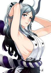 1girls armpit_fetish armpits big_breasts blue_hair blush breasts clothed clothing curvy ear_piercing earrings female female_focus female_only gradient_hair hi_res highres hoop_earrings horn horned_humanoid horns humanoid light-skinned_female light_skin lips long_hair multicolored_hair one_piece oni oni_horns red_cheeks revealing_clothes shackles sideboob simple_background solo thai two_tone_hair wide_hips xtermination yamato_(one_piece) youkai