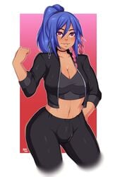 5-ish blue_hair bulge clothed fiveish futanari looking_at_viewer ponytail tagme