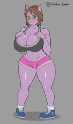 animal_ears animal_humanoid big_ass big_breasts big_eyes bracelet breast_squeeze breast_squish brown_hair curvaceous curvy curvy_body curvy_figure curvy_hips doggirl ear_piercing female flower_in_hair furry green_eyes grey_bra grey_shirt hair_ornament hairband hands_on_breasts hourglass_figure huge_ass huge_breasts hyper_breasts obsidian_spoonz original pink_shorts plump_lips purple_fur purple_skin shiny_breasts shiny_skin short_shorts slim_waist smile smiling sports_bra sportswear thick_ass thick_thighs thighs wide_hips wolf_girl workout_clothes