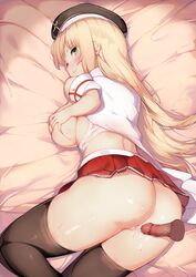 1boy 1girls ass azur_lane bed_sheet blonde_hair breasts cum cum_in_pussy cum_inside deru06 disembodied_penis fiji_(azur_lane) green_eyes hat light-skinned_female light_skin on_bed penis pussy royal_navy_(azur_lane) skirt stockings uncensored