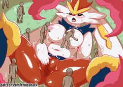 anthro big_breasts bodily_fluids breasts croisshark female furry genitals gigantamax_cinderace gigantamax_pokémon group macro navel nintendo open_mouth pokémon_(species) pokemon pussy tears tongue tongue_out video_games