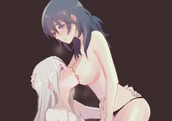 2girls areola ass_grab black_panties black_thong blue_eyes blue_hair blush blushing breast_sucking breath byleth_(fire_emblem) byleth_(fire_emblem)_(female) edelgard_von_hresvelg eyelashes female female_focus female_only fingernails fire_emblem fire_emblem:_three_houses holding_head large_breasts long_hair multiple_girls nintendo panties purple_eyes rakitarou shiny_hair shiny_skin simple_background skinny thong white_hair yukiyanagi_raki yuri